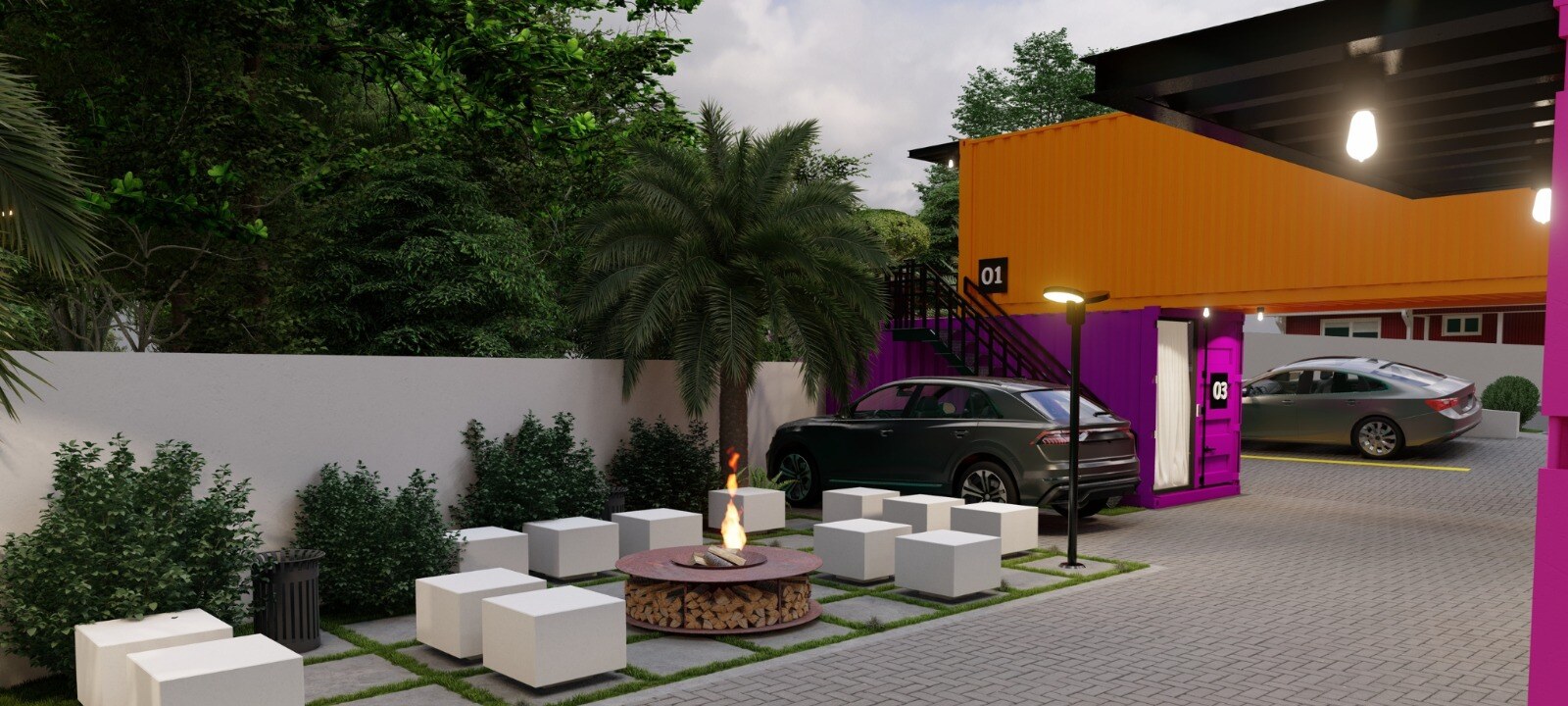Área de lounge externa com fogueira e pufes brancos