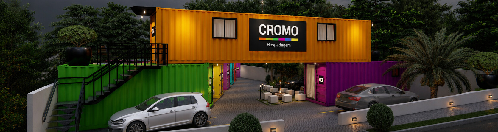 Fileira de kitnets container coloridas da CROMO em Maravilha-SC