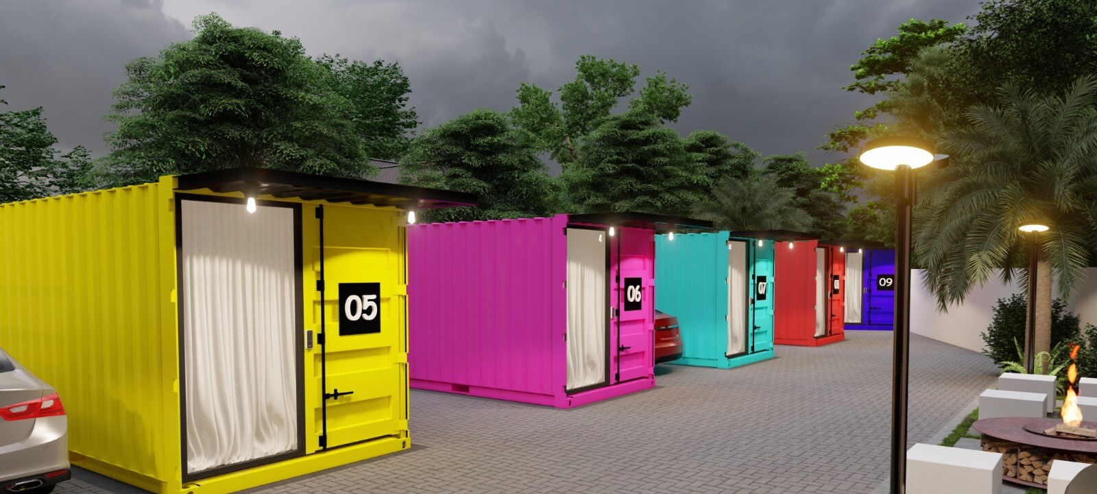 Fileira de kitnets container coloridas — amarelo, rosa, ciano, vermelho e roxo